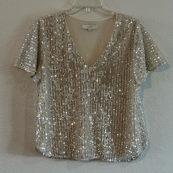 Loft Beige Tan Ivory Sequin Short Sleeve Party Top Shirt Women's Size Medium - Picture 5 of 11